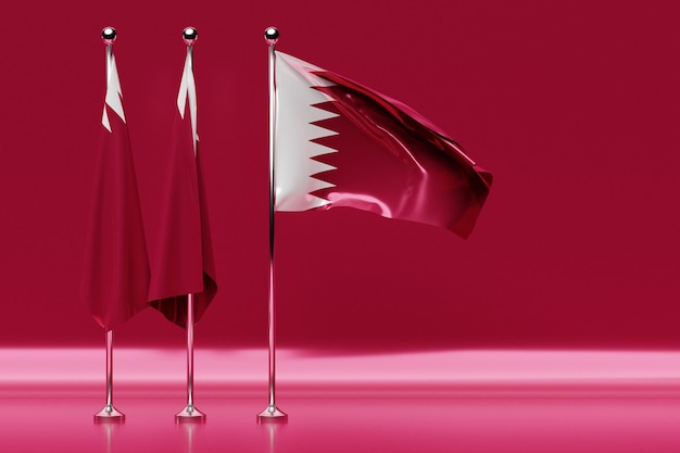 3D-Darstellung der Nationalflagge von Katar auf einem flatternden Fahnenmast aus Metall. Ländersymbol.