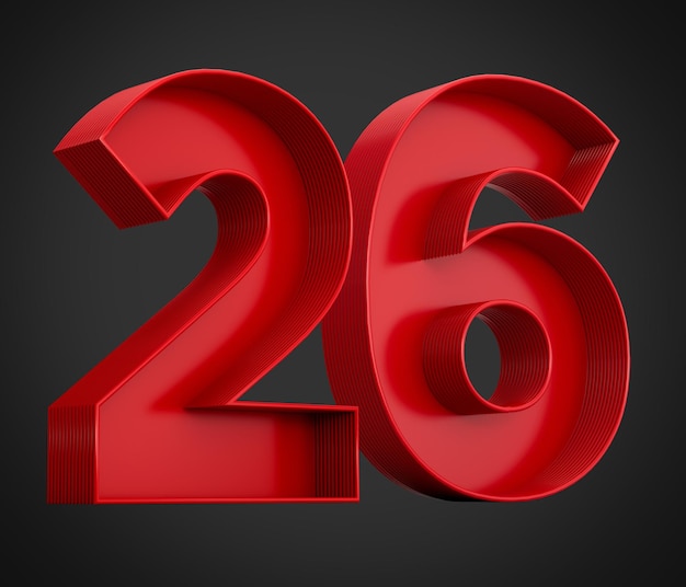 3D-Darstellung der roten Zahl 26 oder sechsundzwanzig innerer Schatten
