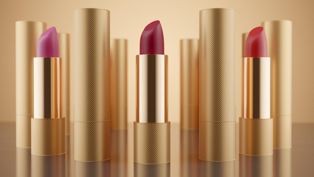 Foto 3d-darstellung der trendigen lippenstift-vorlage auf goldenem hintergrund modekosmetik make-up-design-hintergrund verwenden sie die flyer-banner-flyer-vorlage für werbung