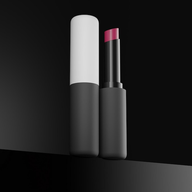 3D-Darstellung der trendigen Lippenstift-Vorlage auf schwarzem Hintergrund Modekosmetik Make-up-Design-Hintergrund Verwenden Sie Flyer-Banner-Flyer-Vorlage für Werbung