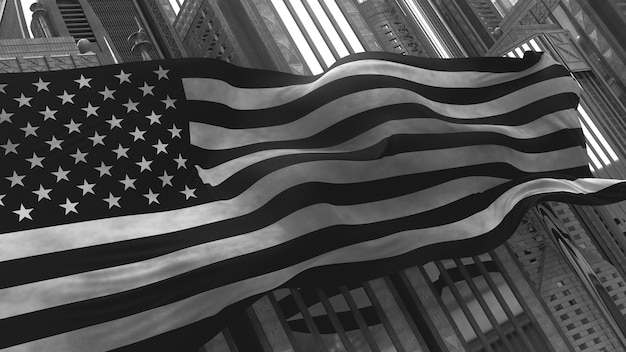 3D-Darstellung der USA-Flagge vor großen Wolkenkratzern. Realistische Faltung durch Windfahne. Monochrom stilisieren.