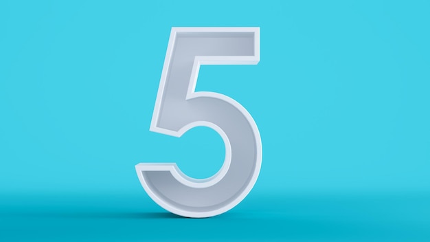 3D-Darstellung der weißen Nummer fünf isoliert auf einem bunten blauen Hintergrund Nummer 5