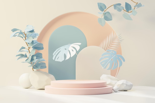 3D-Darstellung des abstrakten Podestpodiums mit tropischen Blättern und blauer Pastellpflanzenszene. Produkt- und Promotionskonzept für die Werbung. Blauer natürlicher Pastellhintergrund.