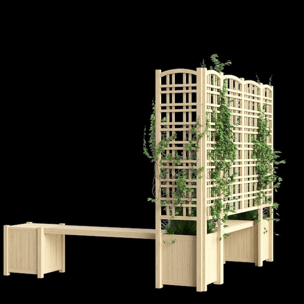 3D-Darstellung des Bankpflanzers mit Spalier aus hellem Holz isoliert auf schwarzem Hintergrund