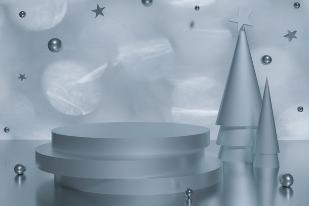 3D-Darstellung des bläulich-silbernen Podiums mit Kegel-Weihnachtsbaum und fliegenden Sternen und Kugeln