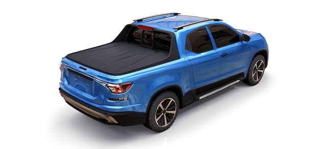 3D-Darstellung des blauen Konzeptfracht-Pickup-Trucks auf weißem lokalisiertem Hintergrund. 3D-Rendering.