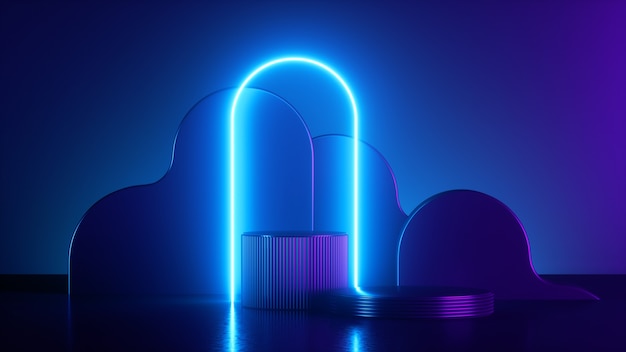 3D-Darstellung des blauen Neonbogens über dem Zylinderpodium mit leuchtendem Rahmen mit Kopierraum
