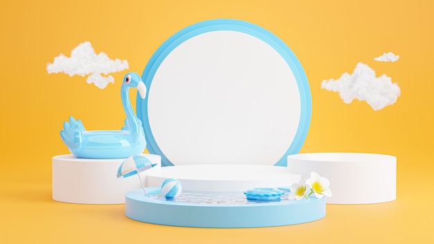 3D-Darstellung des blauen Podiums mit Sommerstrand, Regenschirmstrand, Plumeria, aufblasbarer blauer Flamingo, Schwimmbadkonzept für Produktpräsentation