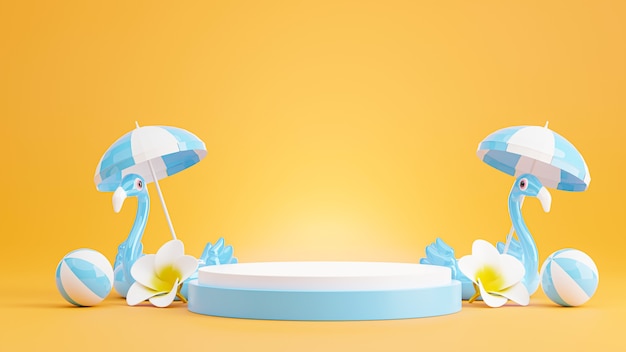 3D-Darstellung des blauen Podiums mit Sommerstrand, Regenschirmstrand, Plumeria, Strandballkonzept für Produktpräsentation