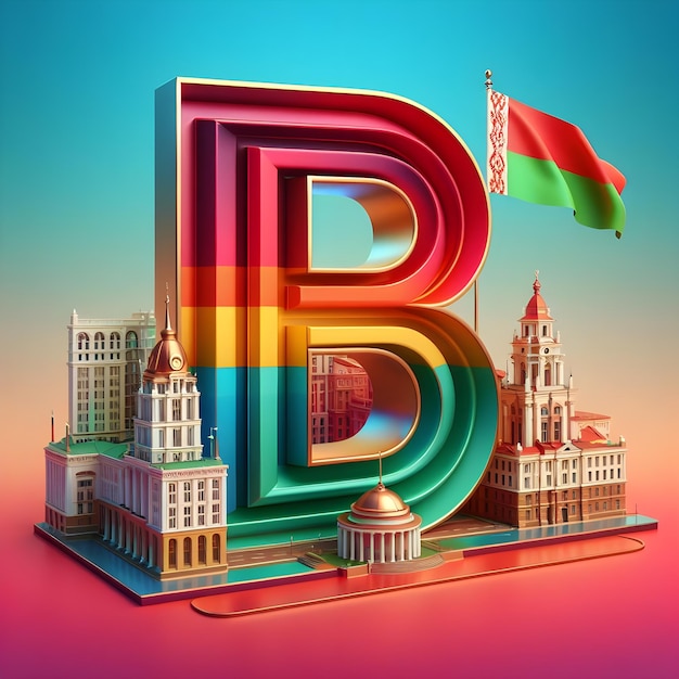 3D-Darstellung des Buchstaben B vor dem farbenfrohen Hintergrund der Hauptstadt und der Fahne von Weißrussland