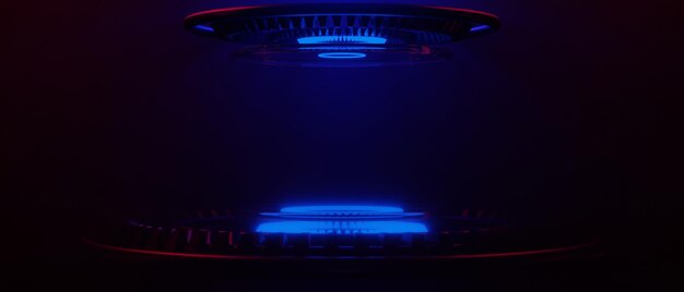 3D-Darstellung des futuristischen Cyberpunk-City-Gaming-Scifi-Bühnendisplay-Podesthintergrundes Gamer-Banner-Zeichen des Neon-Glow-Stand-Podiums