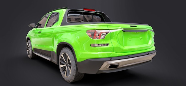 3D-Darstellung des grünen Konzeptfracht-Pickup-Trucks auf grauem lokalisiertem Hintergrund. 3D-Rendering.