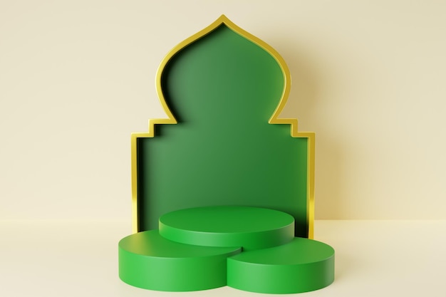 3D-Darstellung des islamischen Podiums für den Hintergrund der Produktanzeige mit realistischem Podium-Moschee-Portal