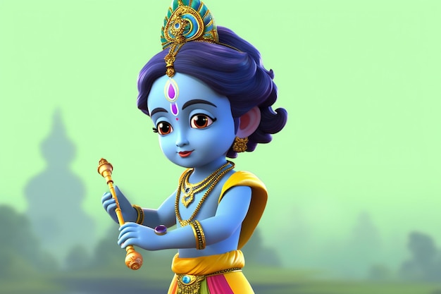 3D-Darstellung des kleinen Krishna, der Bansuri-Naturhintergrund spielt