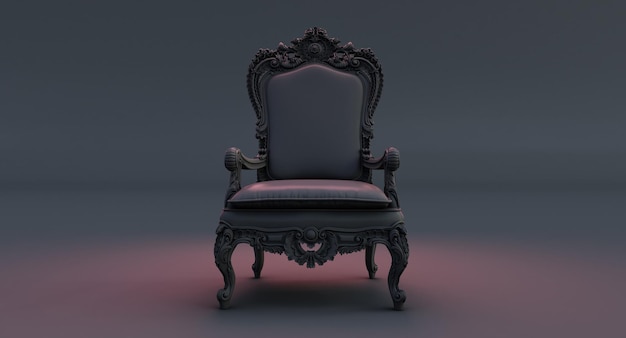 3D-Darstellung des königlichen Throns. dunkler gotischer Thron auf schwarzem Hintergrund isoliert,