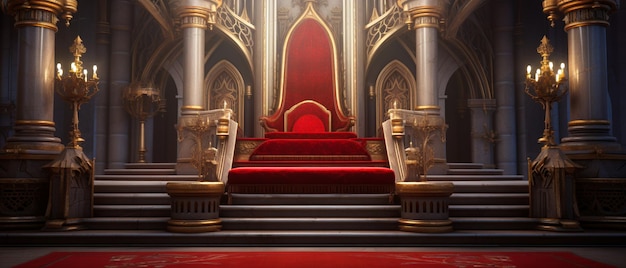 Foto 3d-darstellung des königlichen thronsaals, generiert durch ki thron des königs vip-thron roter königlicher thron