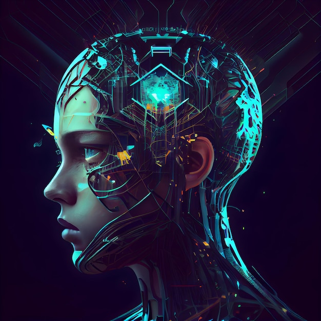 3D-Darstellung des Konzepts der künstlichen Intelligenz mit Leiterplatte und menschlichem Kopf