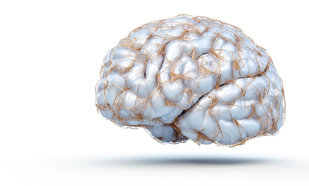 3D-Darstellung des menschlichen Gehirns mit einer Goldstruktur, die neuronale Verbindungen auf weißem Hintergrund anzeigt