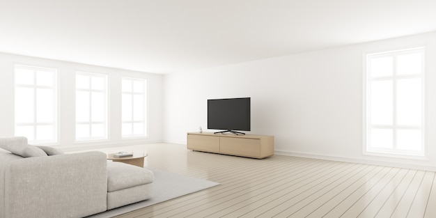 3d-darstellung des modernen wohnzimmers mit sofa und fernsehbildschirm auf holzschrank.