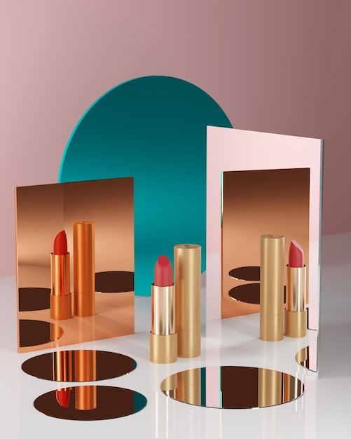 3D-Darstellung des modischen Lippenstifts mit Spiegeln und Reflexionen Modekosmetik Make-up-Design-Hintergrund Verwenden Sie die Flyer-Banner-Flyer-Vorlage für Werbung