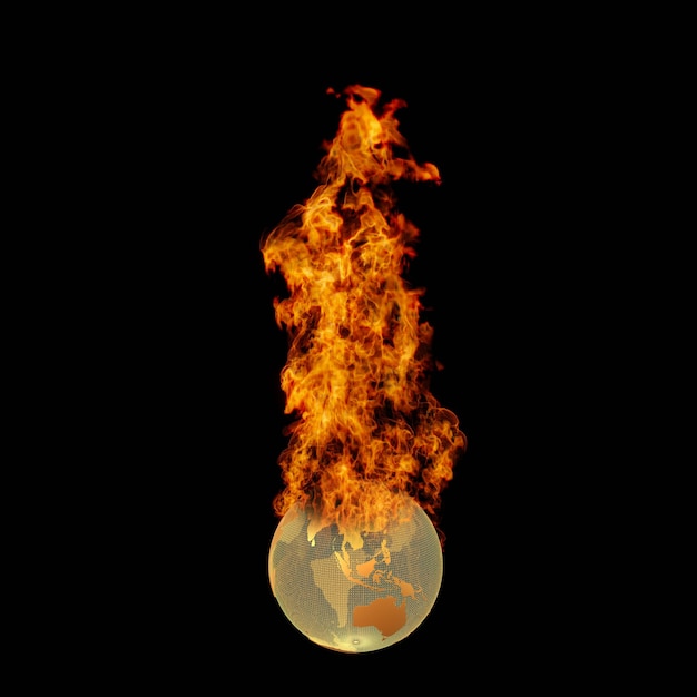 Foto 3d-darstellung des planeten erde auf brennender flamme konzept der globalen erwärmung