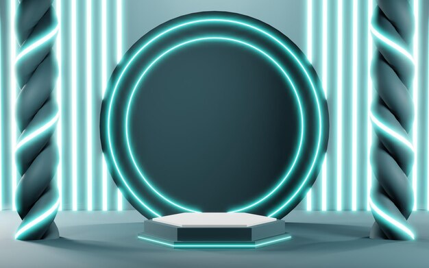 3D-Darstellung des Podium-Hintergrunds in Blautönen zur Anzeige von Cremeprodukten, Kosmetika