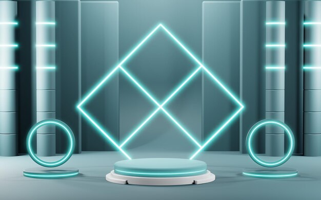 3D-Darstellung des Podium-Hintergrunds in Blautönen zur Anzeige von Cremeprodukten, Kosmetika