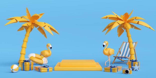 3D-Darstellung des Podium-Sommerkonzepts mit Flamingo und Geschenkbox und Strandzubehör