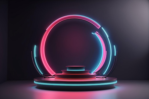 3D-Darstellung des Produktpräsentationsständers auf dem Podium mit abstraktem Neonlicht und dunklem Thema