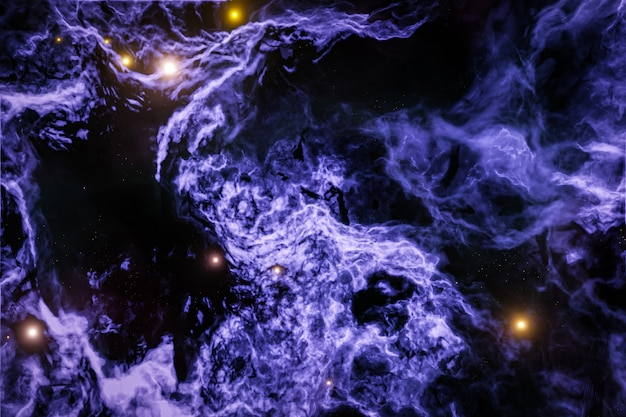 3D-Darstellung des realistischen lila kosmischen Himmels mit Sternen Ein tobendes Meer mit Schaum und riesigen Wellen