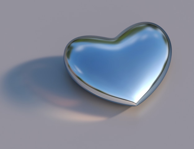 3D-Darstellung des silbernen Herzens, das Himmel auf graulila Hintergrund mit Schatten reflektiert