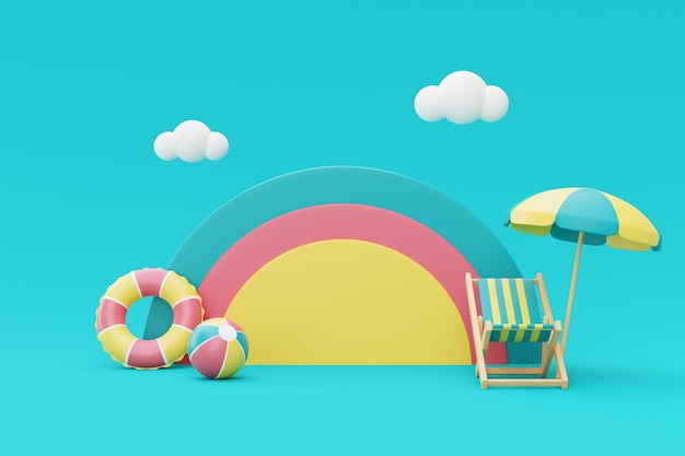 3D-Darstellung des SommerferienkonzeptsFarbvolle Podiumsanzeige mit SommerelementenWolken und Regenbogen-Minimalstil3D-Rendering