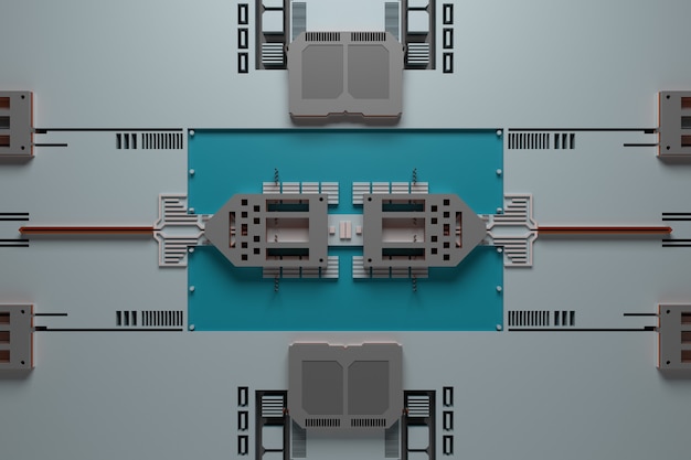 3D-Darstellung des Technologiehintergrunds mit komplexer Struktur und Details.