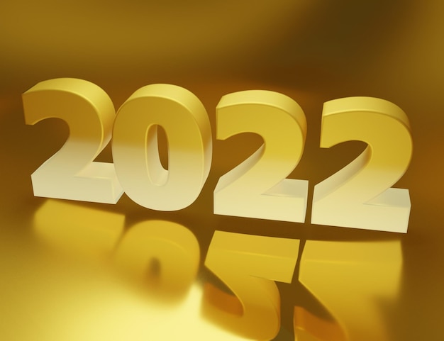 3D-Darstellung des Textes 2022 in gelbem Farbverlauf auf Hintergrund und goldener Oberfläche