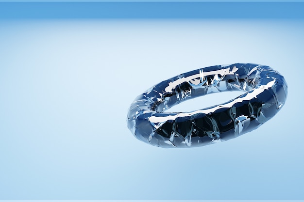 3D-Darstellung des transparenten Glasrings auf blauem Hintergrund. Geometrische Formen in Form eines Rings im Symbol der Unendlichkeit.