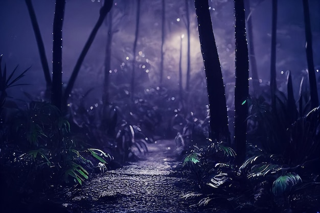 3D-Darstellung des tropischen mysteriösen und mysteriösen Waldes bei Nacht