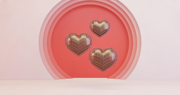 3D-Darstellung des Valentinsgrußes. Goldene Herzen, die auf rosa Kreislochhintergrund schweben, minimalistisch. Liebessymbol. Moderner 3D-Render.