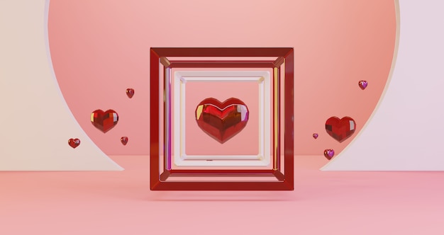 3D-Darstellung des Valentinsgrußes. Rote Kristallherzen, die im Würfelrahmen auf rosa Hintergrund, minimalistisch schweben. Liebessymbol. Moderner 3D-Render.