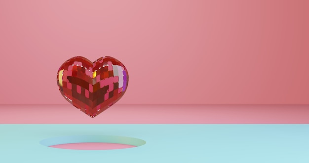 3D-Darstellung des Valentinsgrußes. Rotes Kristallherz, das auf blauem Kreislochhintergrund schwimmt, minimalistisch. Liebessymbol. Moderner 3D-Render.