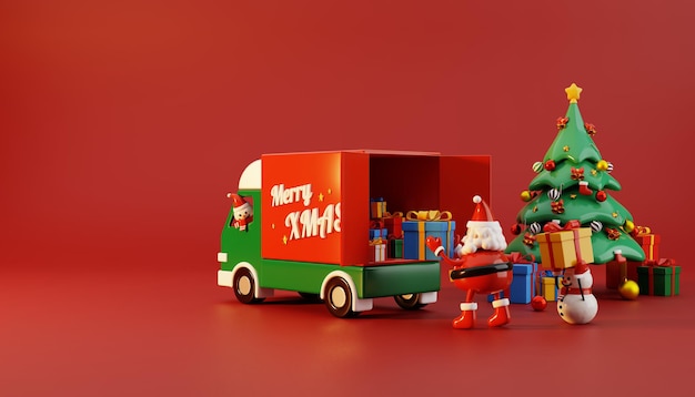 3D-Darstellung des Weihnachtsbaums, umgeben von einer Geschenkbox mit Weihnachtsmann und Schneemann, die Geschenke auf roten LKW setzen