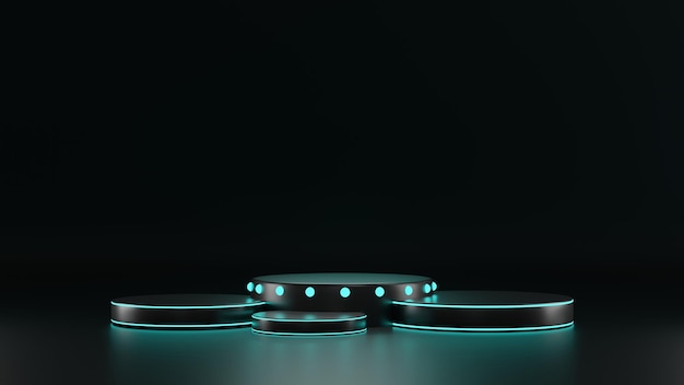 3D-Darstellung des Zylinderpodiums mit blauen Neonlichtern auf dunklem Hintergrund. Podium für digitales Produkt