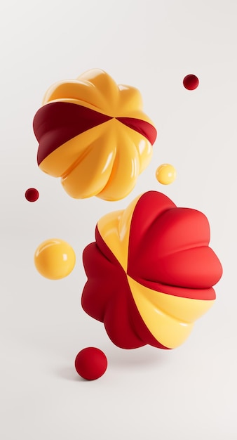 3D-Darstellung, die weiche rote gelbe Formen rendert Lustige Kissen, die auf weißem Hintergrund fliegen Realistische surreale Szene