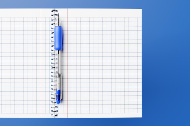 3D-Darstellung ein Schulheft in einem Käfig und ein blauer Stift auf blauem Hintergrund ein spiralförmiger Notizblock auf dem Tisch Schulmaterial Zurück zur Schule