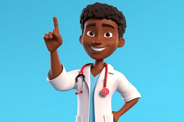 3D-Darstellung einer afrikanischen Zeichentrickfigur. Junger Mann, Krankenschwester mit schwarzer Haut, zeigt den Zeigefinger nach oben und blickt in die Kamera. Clip-Art für das Gesundheitswesen, isoliert auf blauem Hintergrund. Lösung eines medizinischen Problems. Ideenkonzept