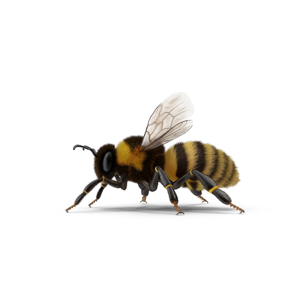 3D-Darstellung einer auf Weiß isolierten Biene. Im lebenden Insektenmakro steht eine Biene auf dem Boden