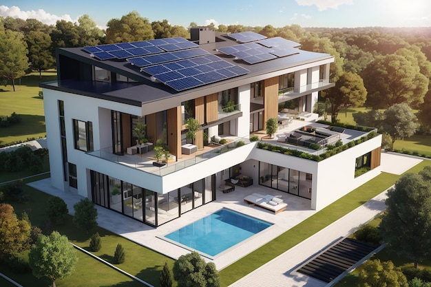 3D-Darstellung einer beeindruckenden modernen Villa mit Sonnenkollektoren-Luftaufnahme