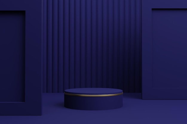 3D-Darstellung einer dunkelblauen Bühne mit einem runden Podium in der mittleren Produktanzeige