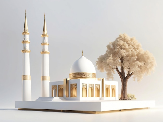 3D-Darstellung einer einfachen, präzisen Weißgold-Moschee-Miniatur