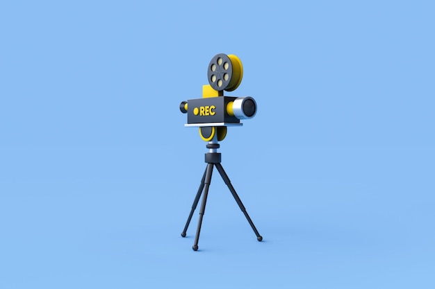 3D-Darstellung einer Filmkamera auf blauem Hintergrund