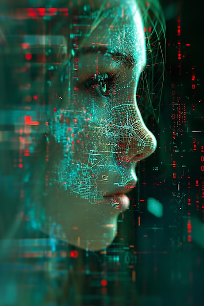 3D-Darstellung einer Frau, die aus einer digitalen Matrix hervorgeht